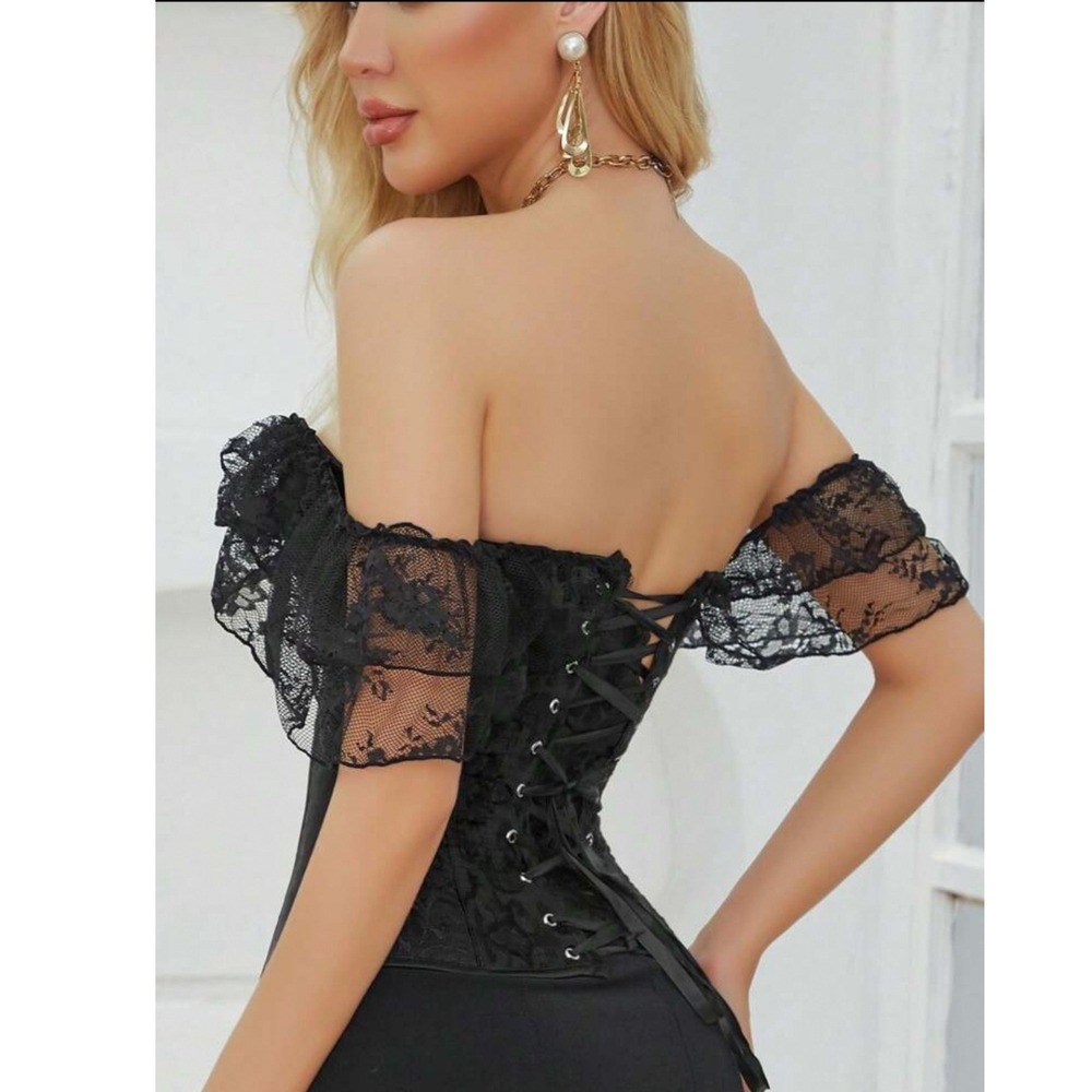 Black Lace Off Shoulder Corset Top Floral Jacquard Bustier XL Cosplay Costume - Picture 2 of 5